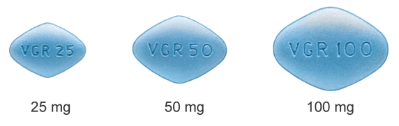 Images showing Viagra Blue-diamond shaped tablet doses: 25 milligram, 50 milligram, and 100 milligram Images showing Viagra Blue-diamond shaped tablet doses: 25 milligram, 50 milligram, and 100 milligram